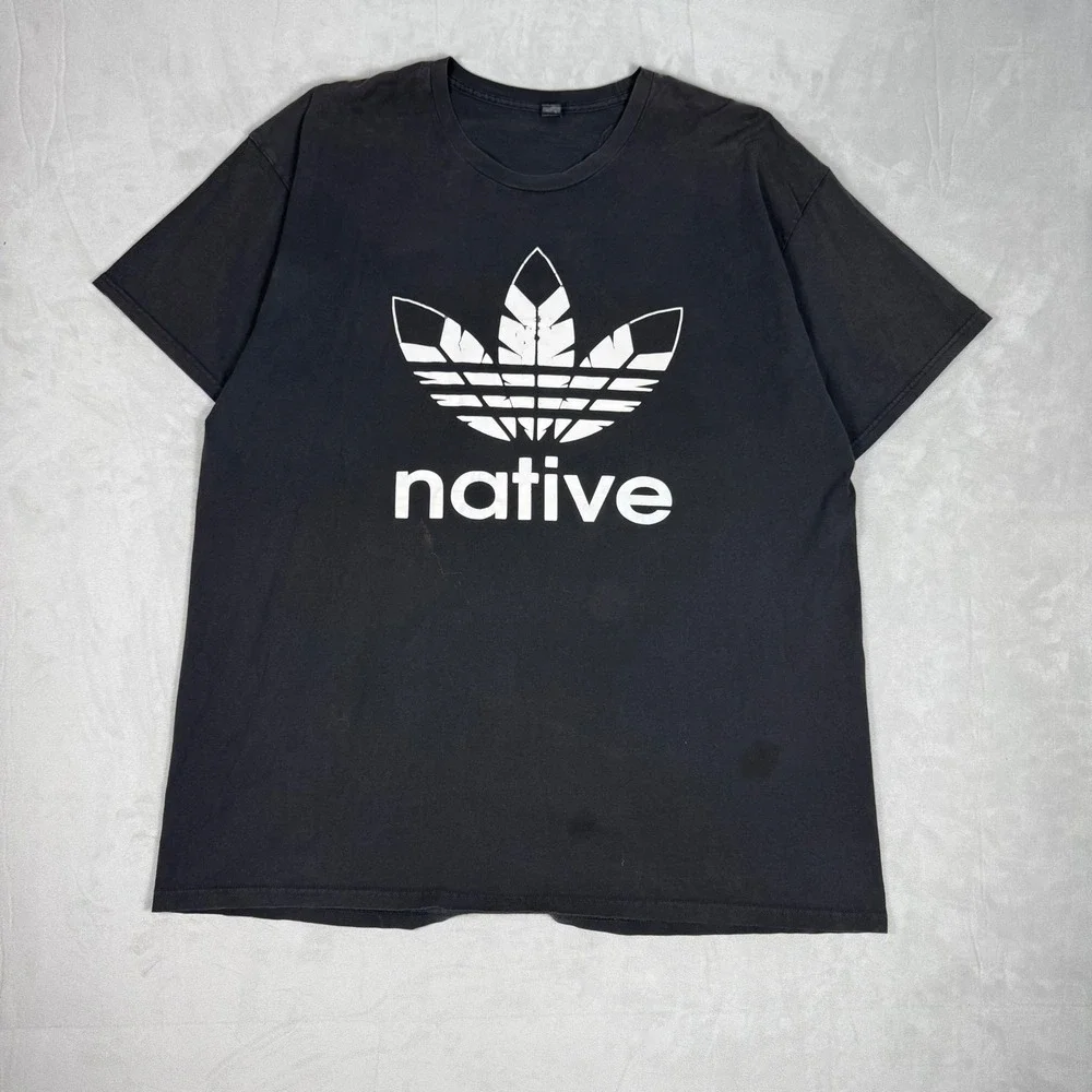 Y2K Mens Native Adidas Trefoil Graphic T-Shirt Streetwear Black XXL